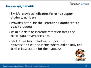 Data-driven eLearning applications. | © SmarterServices, LLC. All rights reserved. 29
Takeaways/benefits
»SM LRI provides indicators for us to support
students early on
»Provides a tool for the Retention Coordinator to
coach students
»Valuable data to increase retention rates and
make data driven decisions
»SM LRI is a tool to help us support the
conversation with students where online may not
be the best option for their success
 