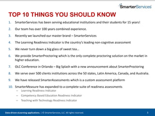 Data-driven eLearning applications. | © SmarterServices, LLC. All rights reserved. 3
TOP 10 THINGS YOU SHOULD KNOW
1. SmarterServices has been serving educational institutions and their students for 15 years!
2. Our team has over 100 years combined experience.
3. Recently we launched our master brand – SmarterServices
4. The Learning Readiness Indicator is the country’s leading non-cognitive assessment
5. We never turn down a big glass of sweet tea…
6. We provide SmarterProctoring which is the only complete proctoring solution on the market in
higher education.
7. OLC Conference in Orlando – Big Splash with a new announcement about SmarterProctoring
8. We serve over 500 clients institutions across the 50 states, Latin America, Canada, and Australia.
9. We have released SmarterAssessments which is a custom assessment platform
10. SmarterMeasure has expanded to a complete suite of readiness assessments
– Learning Readiness Indicator
– Competency Based Education Readiness Indicator
– Teaching with Technology Readiness Indicator
 