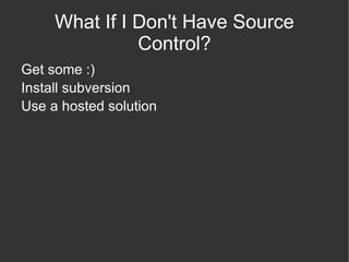 svn diff Index: README.txt =================================================================== --- README.txt  (revision 3) +++ README.txt  (revision 4) @@ -31,12 +35,20 @@ to share ideas to raise profile to be told you're doing it wrong! +  (pulling up examples off our own blogs, if connection allows) Testing (Matthew) QA tools and CI including code analysis, mess detection, etc (Lorna - QA tools; Matthew - CI) +  Static analysis +  code sniffer +  demo examples, find a suitable small codebase (joindin?) +  mess detector +  demo examples +  what else? + Deployment 