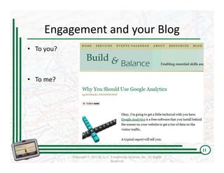 Engagement and your Blog 
• To you?



• To me?




                                                                             11
            Copyright © 2011 by G. C. Franchising Systems, Inc. All Rights
                                      Reserved
 