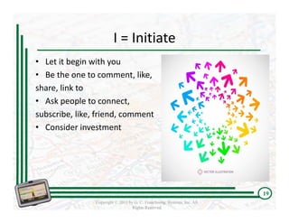 I = Initiate
• Let it begin with you
• Be the one to comment, like, 
share, link to
• Ask people to connect, 
subscribe, like, friend, comment
• Consider investment




                                                                          19
                Copyright © 2011 by G. C. Franchising Systems, Inc. All
                                   Rights Reserved
 