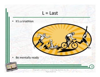 L = Last
• It’s a triathlon 




• Be mentally ready 

                                                                            22
                  Copyright © 2011 by G. C. Franchising Systems, Inc. All
                                     Rights Reserved
 