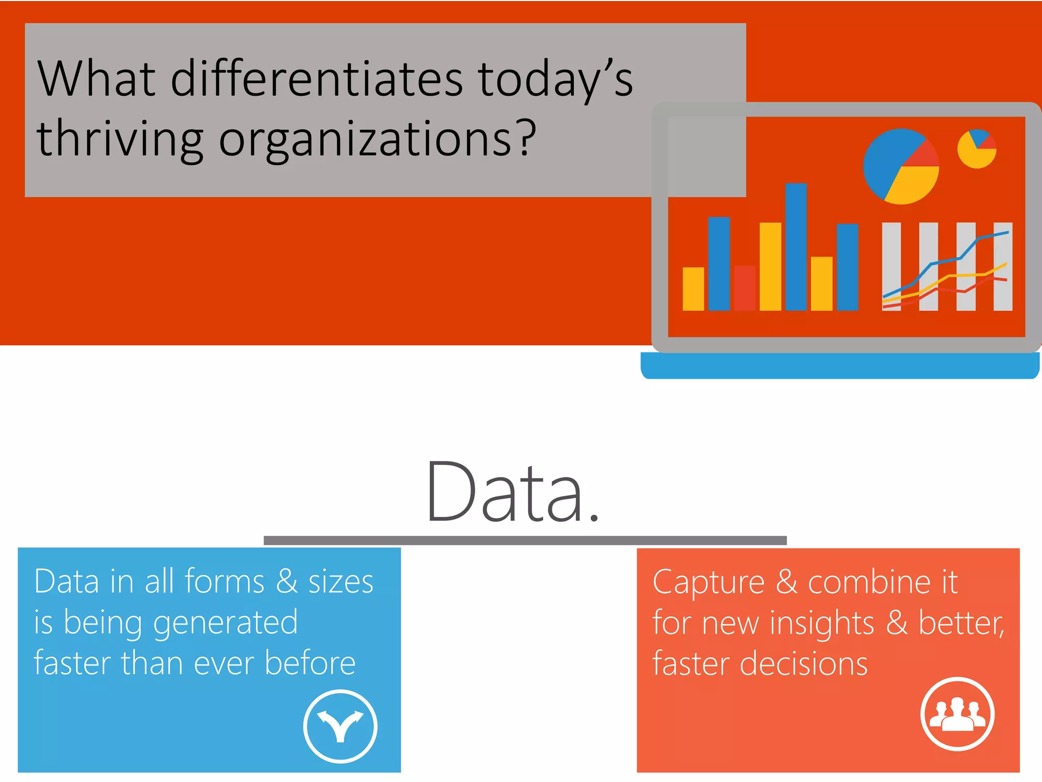 What differentiates today’s
thriving organizations?
Data.
Data in all forms & sizes
is being generated
faster than ever before
Capture & combine it
for new insights & better,
faster decisions
 