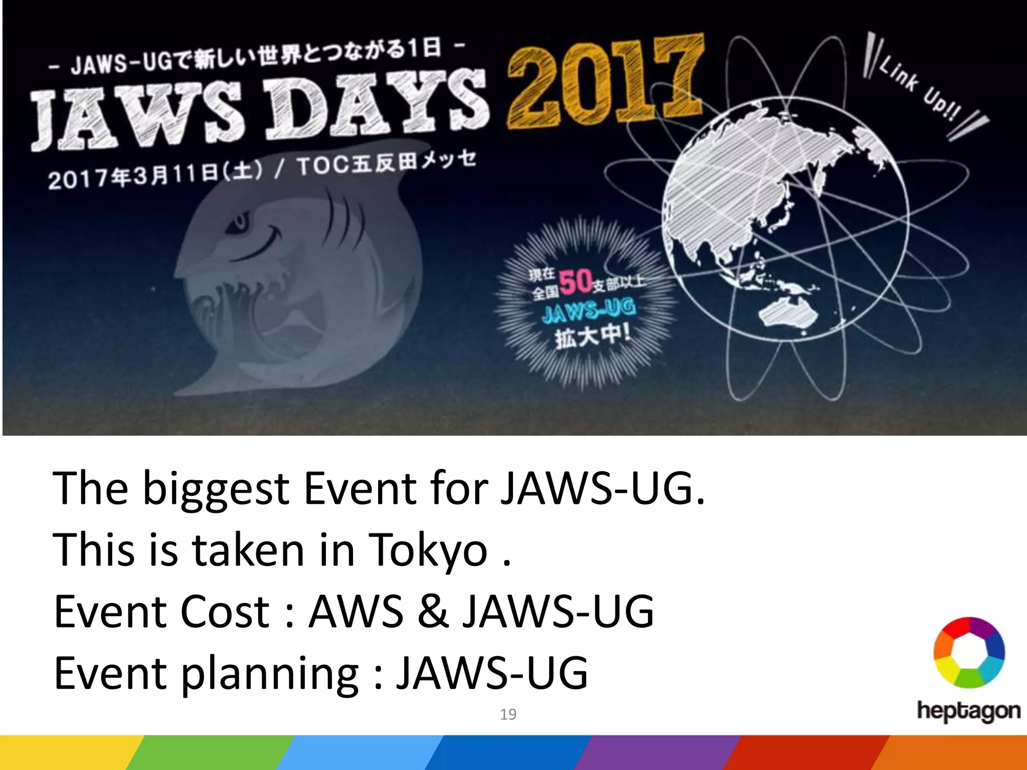 The biggest Event for JAWS-UG.
This is taken in Tokyo .
Event Cost : AWS & JAWS-UG
Event planning : JAWS-UG
19
 