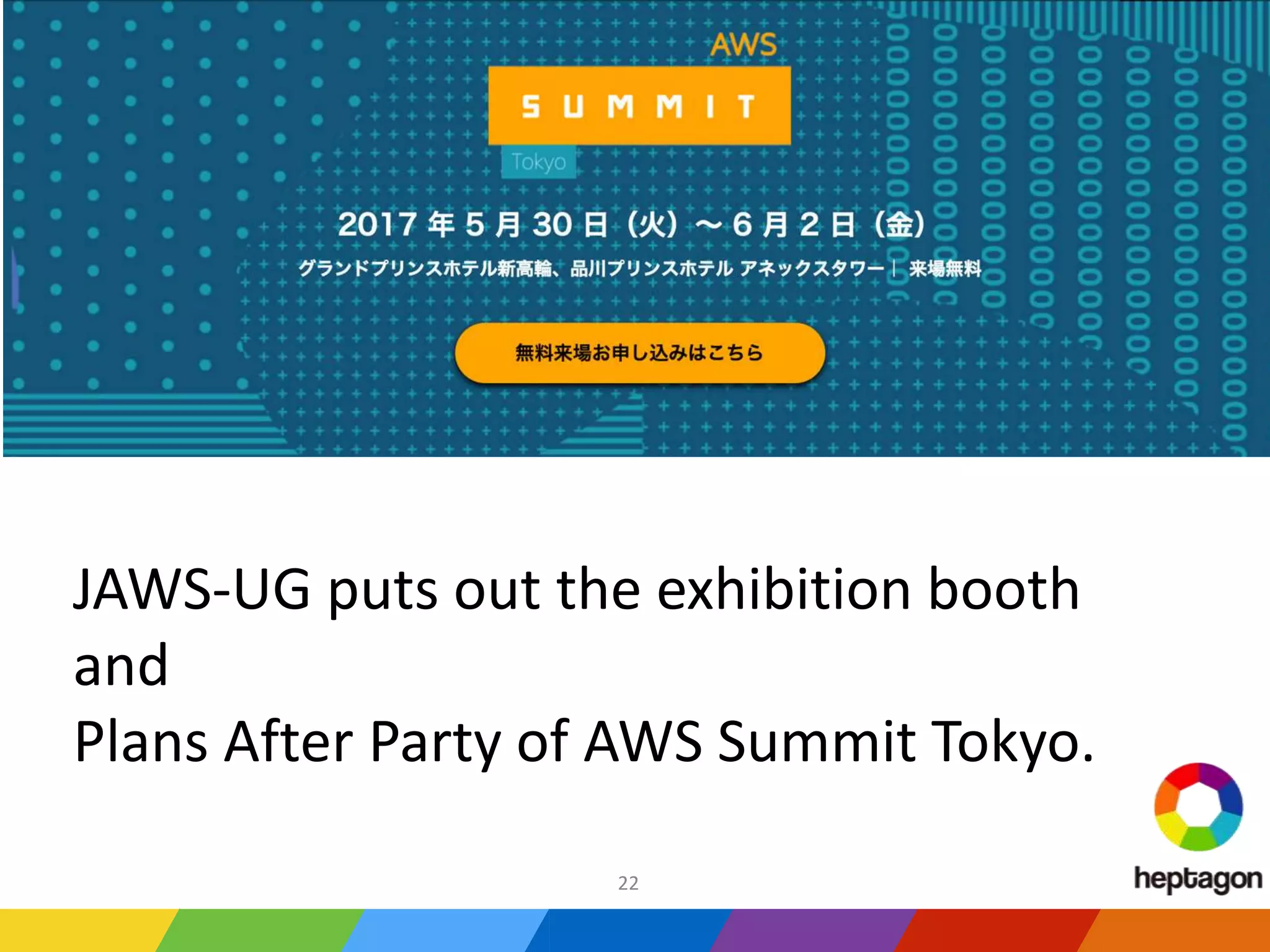 JAWS-UG puts out the exhibition booth
and
Plans After Party of AWS Summit Tokyo.
22
 