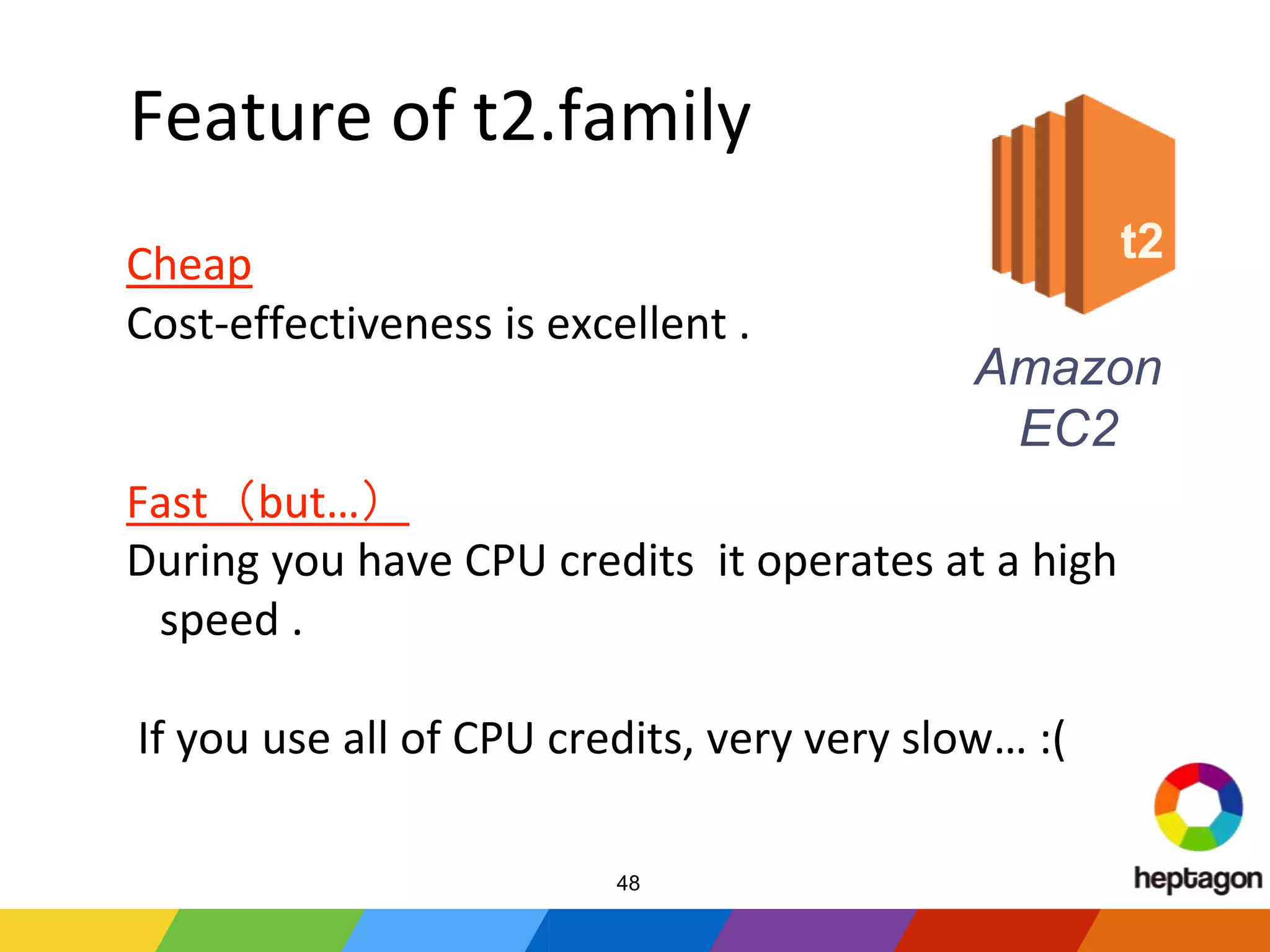 Feature of t2.family
Cheap
Cost-effectiveness is excellent .
Fast（but…）
During you have CPU credits it operates at a high
speed .
If you use all of CPU credits, very very slow… :(
Amazon
EC2
t2
48
 