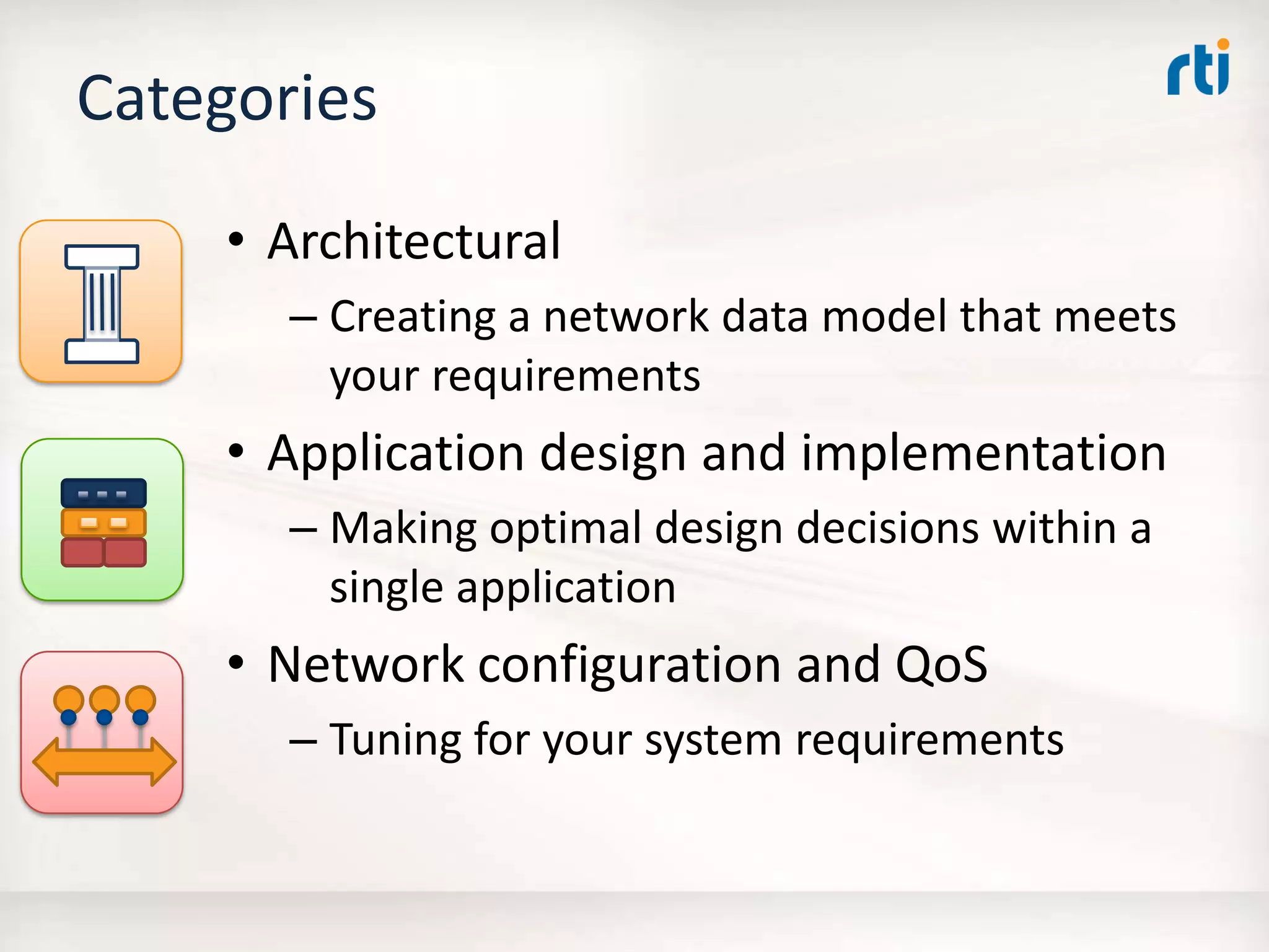 Categories
• Architectural
– Creating a network data model that meets
your requirements
• Application design and implementation
– Making optimal design decisions within a
single application
• Network configuration and QoS
– Tuning for your system requirements
 