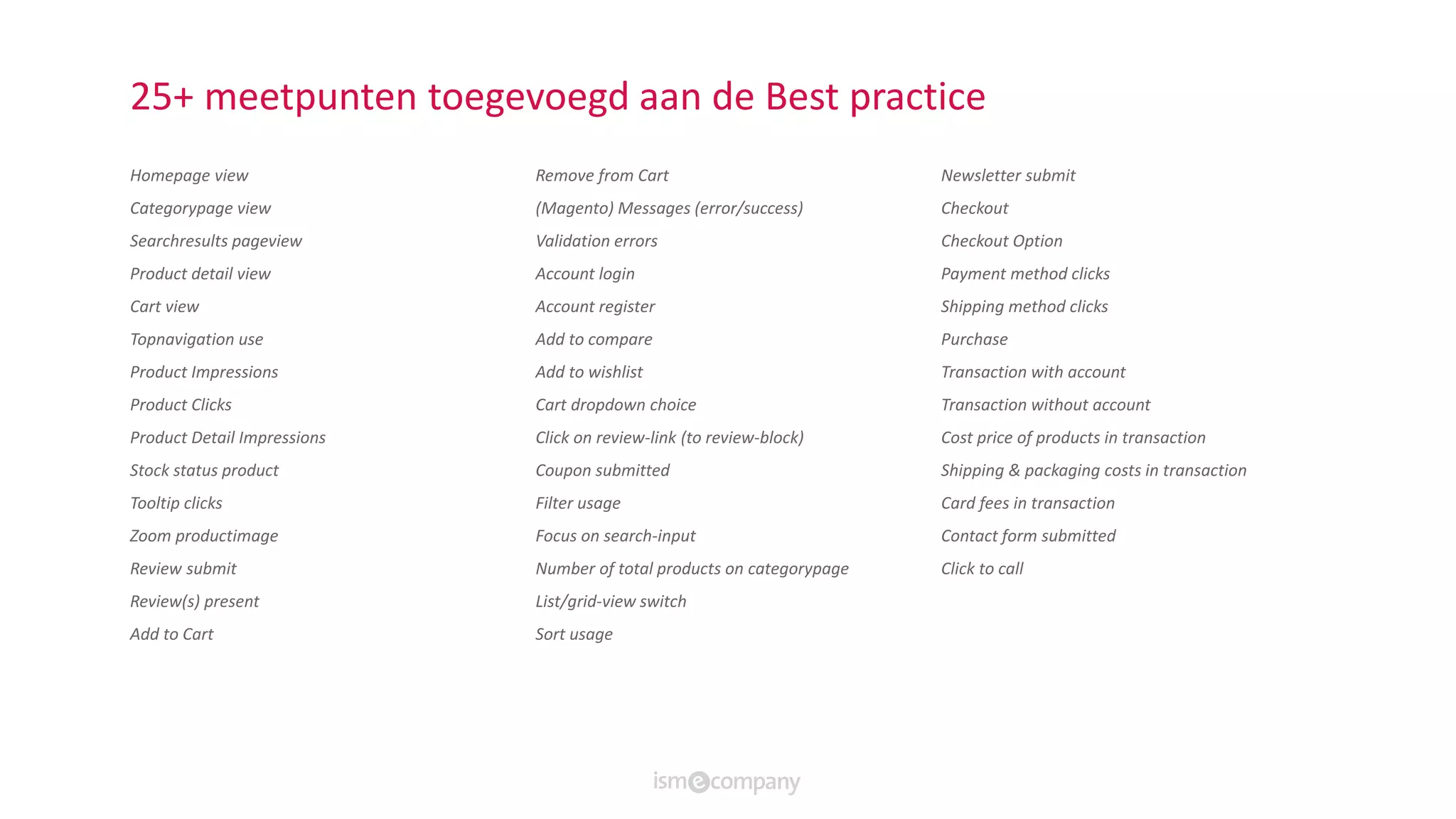 25+ meetpunten toegevoegd aan de Best practice
Homepage view
Categorypage view
Searchresults pageview
Product detail view
Cart view
Topnavigation use
Product Impressions
Product Clicks
Product Detail Impressions
Stock status product
Tooltip clicks
Zoom productimage
Review submit
Review(s) present
Add to Cart
Remove from Cart
(Magento) Messages (error/success)
Validation errors
Account login
Account register
Add to compare
Add to wishlist
Cart dropdown choice
Click on review-link (to review-block)
Coupon submitted
Filter usage
Focus on search-input
Number of total products on categorypage
List/grid-view switch
Sort usage
Newsletter submit
Checkout
Checkout Option
Payment method clicks
Shipping method clicks
Purchase
Transaction with account
Transaction without account
Cost price of products in transaction
Shipping & packaging costs in transaction
Card fees in transaction
Contact form submitted
Click to call
 