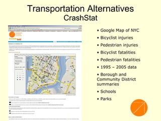 Transportation Alternatives CrashStat Google Map of NYC Bicyclist injuries Pedestrian injuries Bicyclist fatalities Pedestrian fatalities 1995 – 2005 data Borough and Community District summaries Schools Parks 