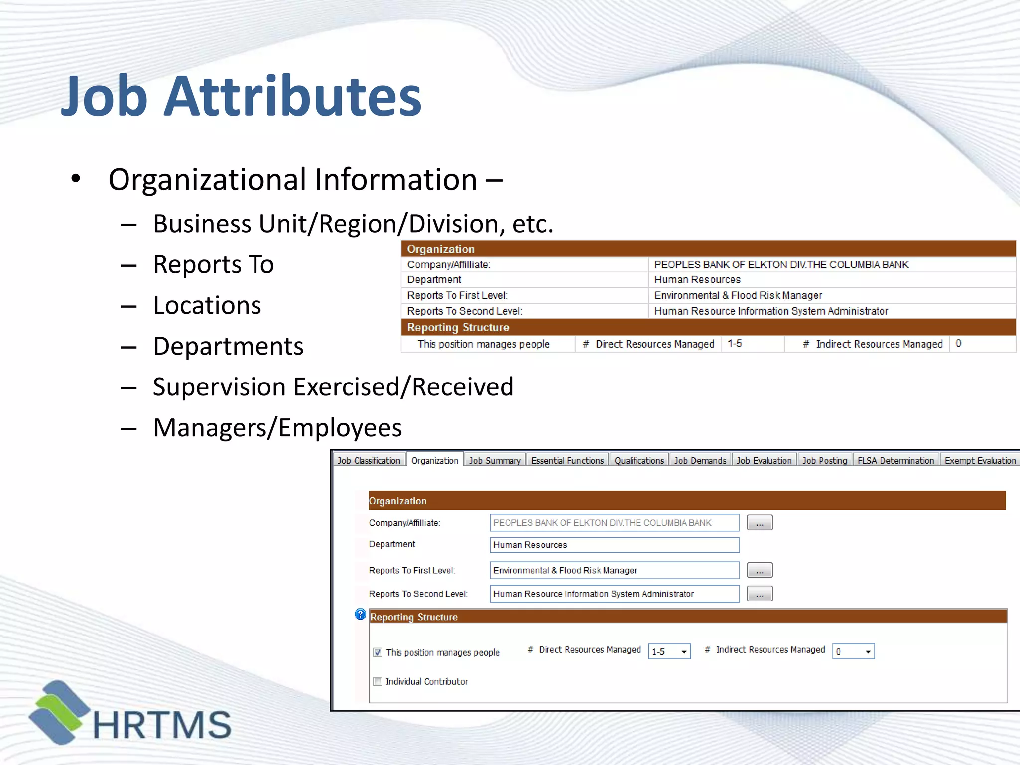 Job Attributes
• Organizational Information –
–
–
–
–
–
–

Business Unit/Region/Division, etc.
Reports To
Locations
Departments
Supervision Exercised/Received
Managers/Employees

 