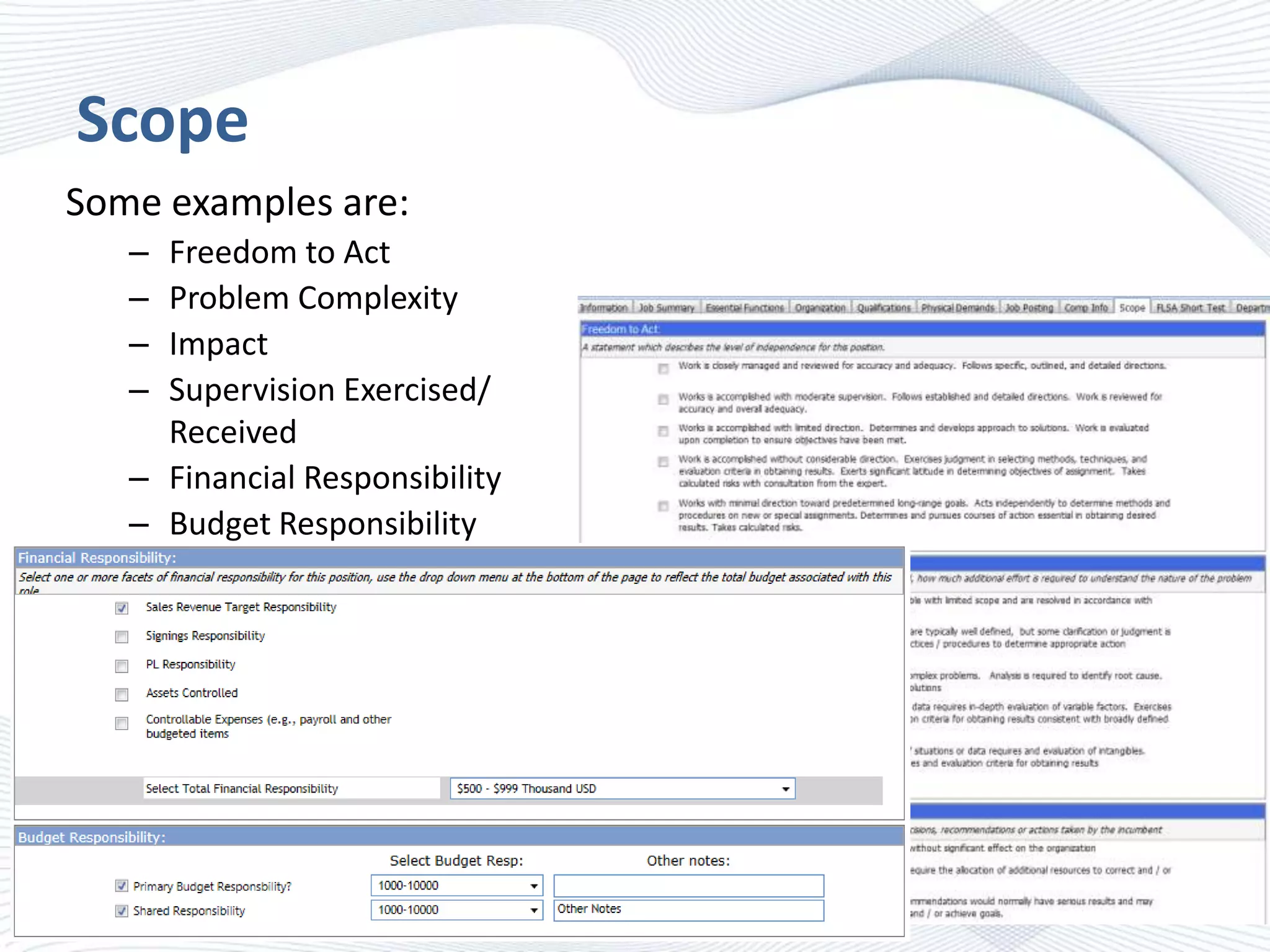 Scope
Some examples are:
–
–
–
–

Freedom to Act
Problem Complexity
Impact
Supervision Exercised/
Received
– Financial Responsibility
– Budget Responsibility

 