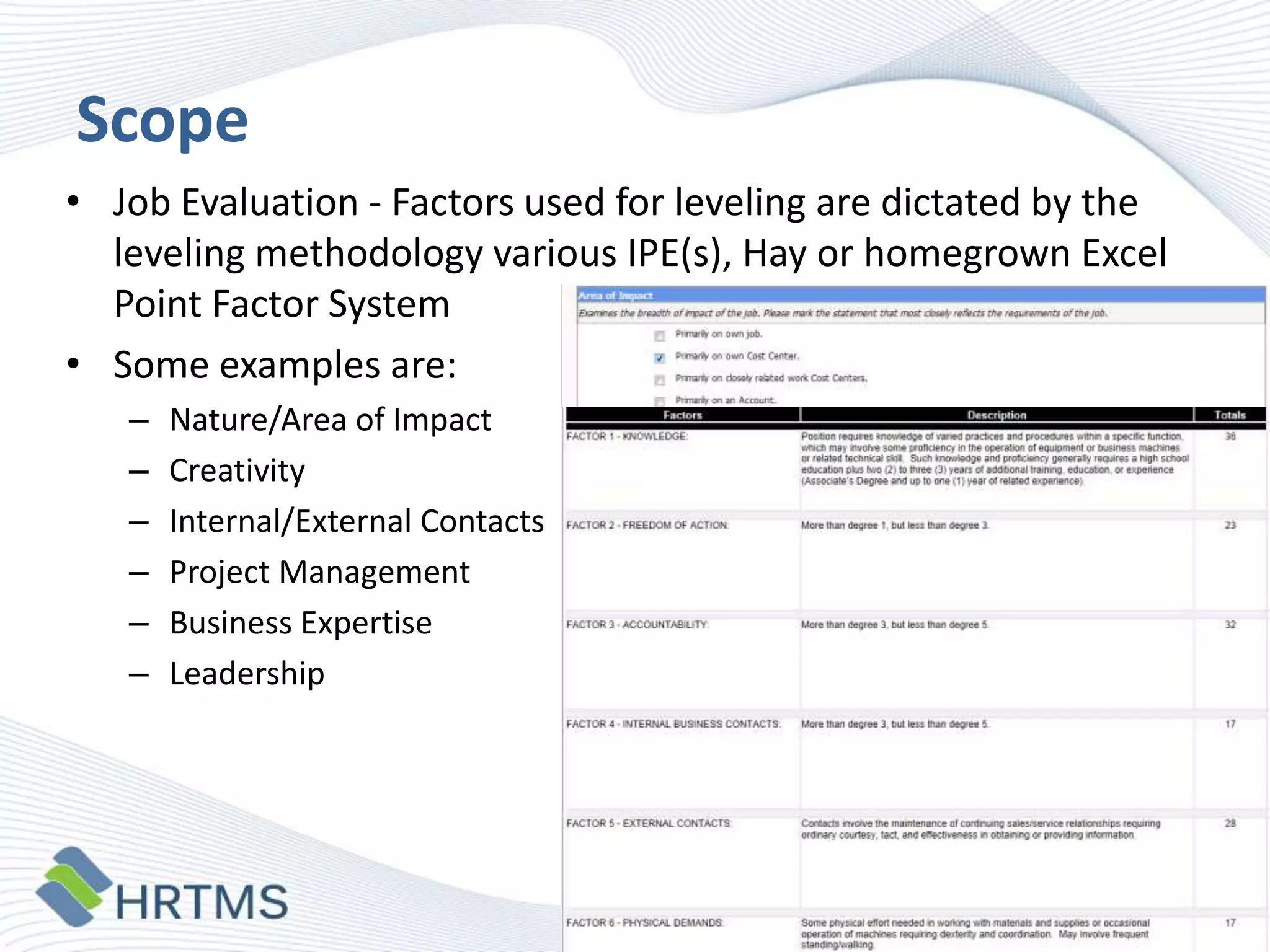 Scope
• Job Evaluation - Factors used for leveling are dictated by the
leveling methodology various IPE(s), Hay or homegrown Excel
Point Factor System
• Some examples are:
–
–
–
–
–
–

Nature/Area of Impact
Creativity
Internal/External Contacts
Project Management
Business Expertise
Leadership

 