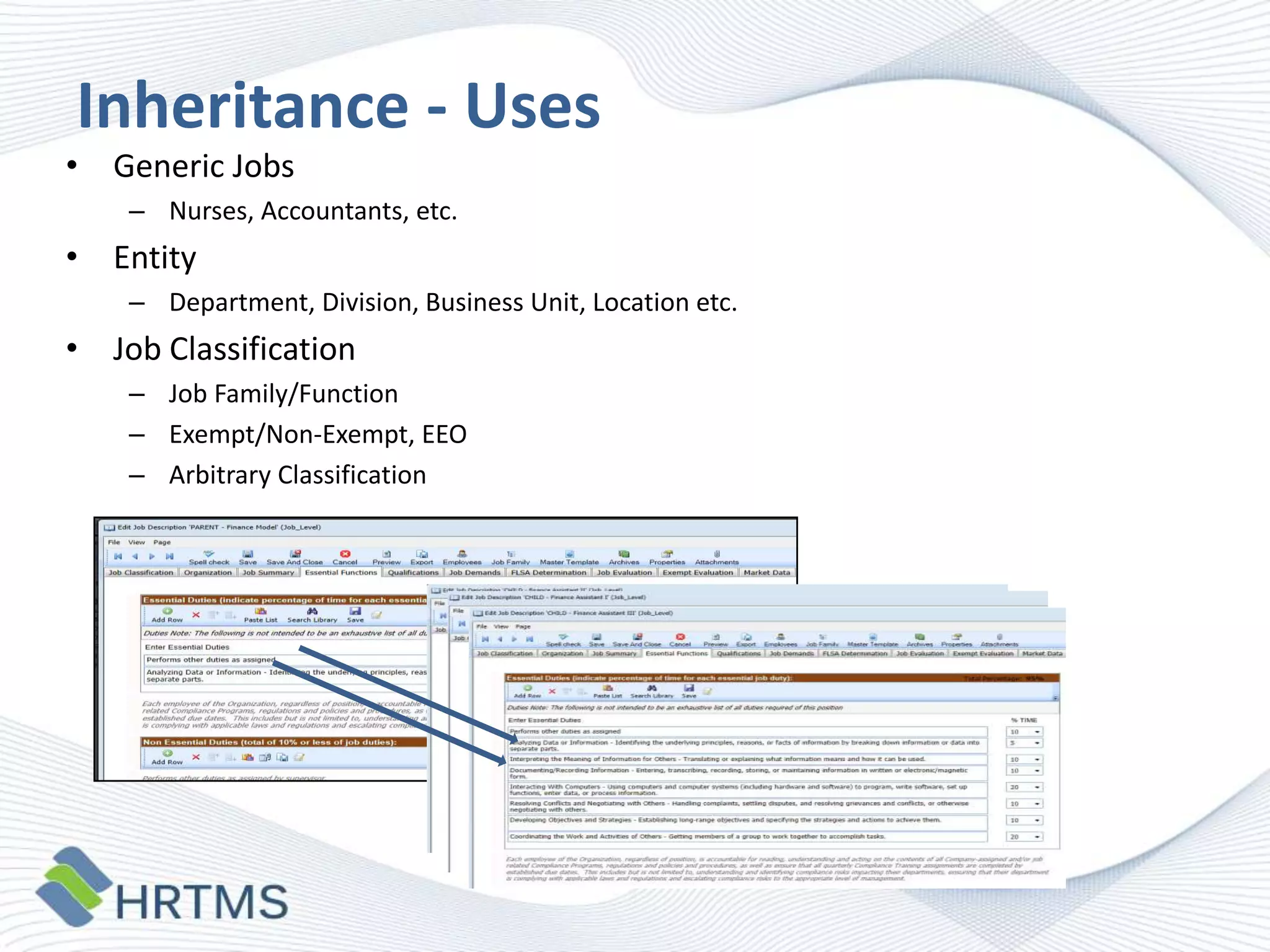 Inheritance - Uses

• Generic Jobs

– Nurses, Accountants, etc.

• Entity
– Department, Division, Business Unit, Location etc.

• Job Classification
– Job Family/Function
– Exempt/Non-Exempt, EEO
– Arbitrary Classification

 