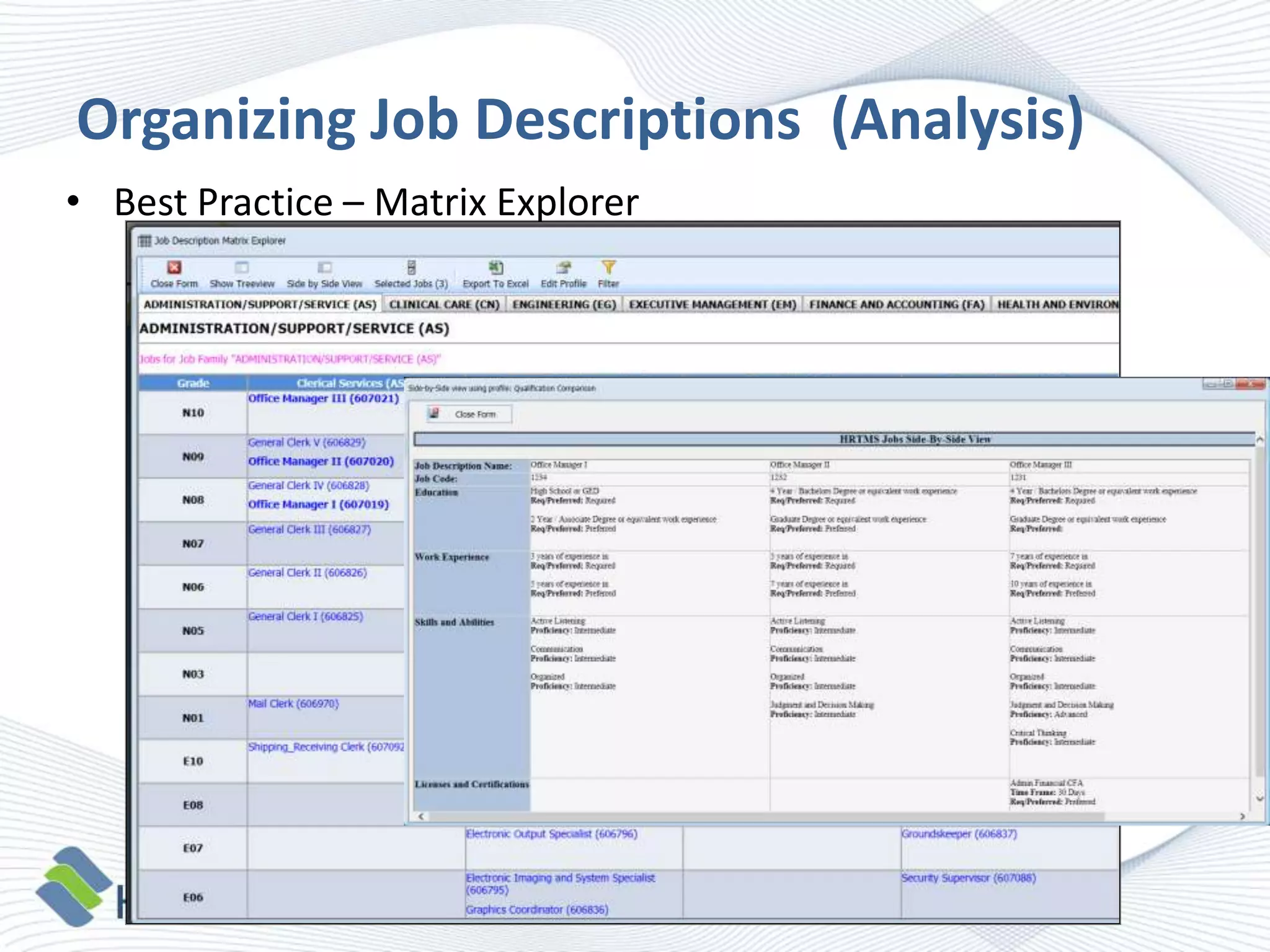 Organizing Job Descriptions (Analysis)
• Best Practice – Matrix Explorer

 