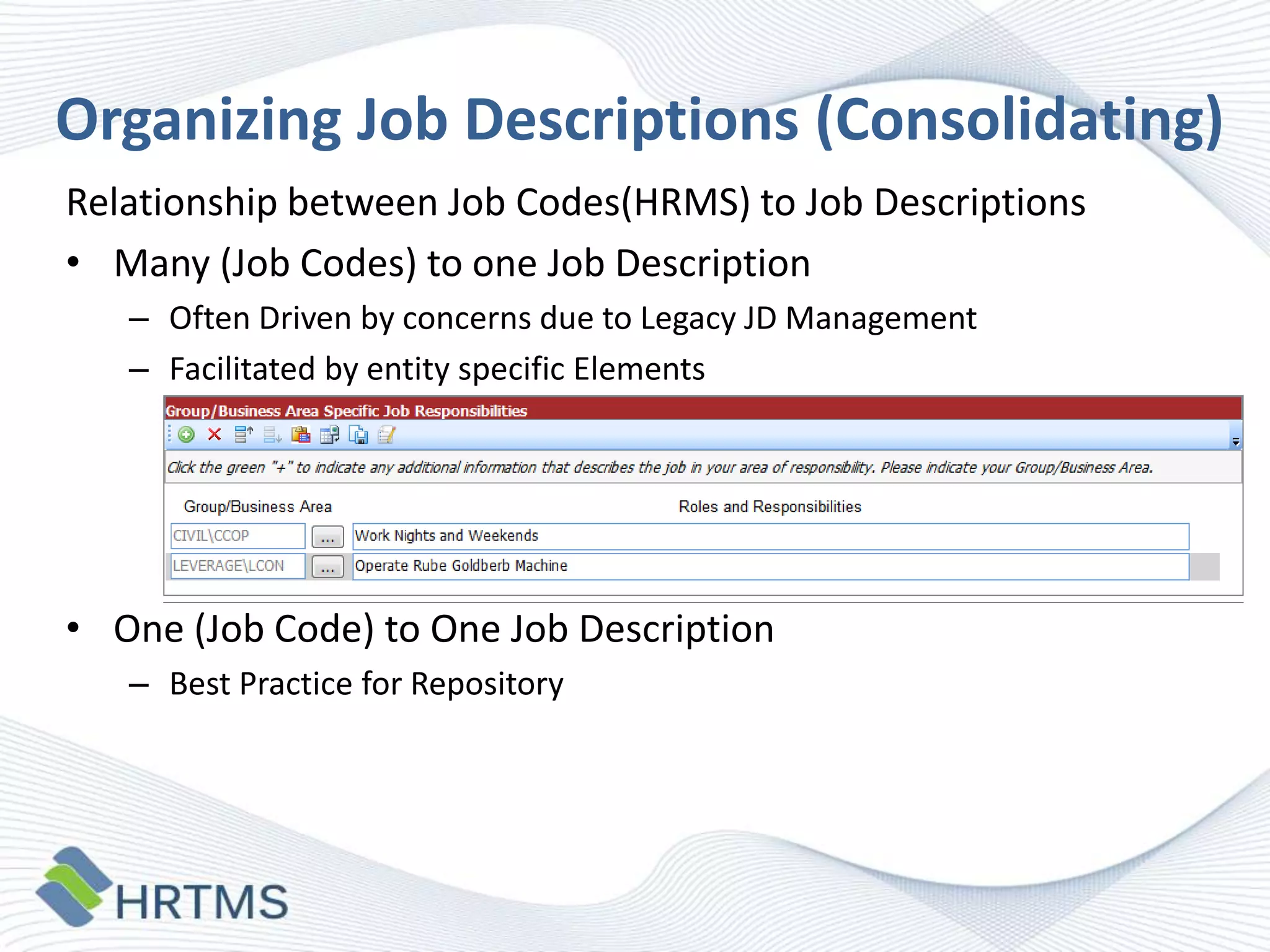 Organizing Job Descriptions (Consolidating)
Relationship between Job Codes(HRMS) to Job Descriptions
• Many (Job Codes) to one Job Description
– Often Driven by concerns due to Legacy JD Management
– Facilitated by entity specific Elements

• One (Job Code) to One Job Description
– Best Practice for Repository

 