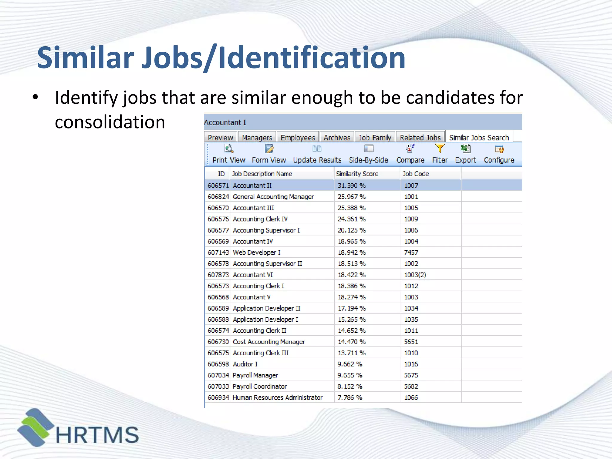 Similar Jobs/Identification
• Identify jobs that are similar enough to be candidates for
consolidation

 