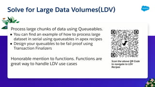 Solve for Large Data Volumes(LDV)
Process large chunks of data using Queueables.
● You can ﬁnd an example of how to process large
dataset in serial using queueables in apex recipes
● Design your queuables to be fail proof using
Transaction Finalizers
Honorable mention to functions. Functions are
great way to handle LDV use cases
Scan the above QR Code
to navigate to LDV
Recipes
 