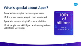 Automates complex business processes
Multi-tenant aware, easy to test, versioned
Apex lets us extends platform capabilities
Most sought out skill if you are looking to be a
Salesforce Developer
What’s special about Apex?
100s
of
billions
Yearly
Transactions
 