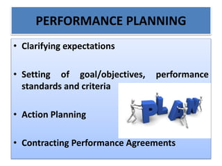 PERFORMANCE PLANNING
• Clarifying expectations
• Setting of goal/objectives, performance
standards and criteria
• Action Planning
• Contracting Performance Agreements
 