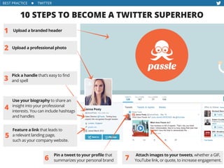 BEST PRACTICE           TWITTER
10 STEPS TO BECOME A TWITTER SUPERHERO
1
2
3
6
4
5
Pick a handle that’s easy to find
and spell
Upload a professional photo
 Upload a branded header
Use your biography to share an
insight into your professional
interests. You can include hashtags
and handles
Feature a link that leads to
a relevant landing page,
such as your company website.
Pin a tweet to your profile that
summarizes your personal brand 7
 Attach images to your tweets, whether a GIF,
YouTube link, or quote, to increase engagement.
 