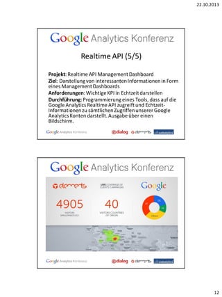 22.10.2013

Realtime API (5/5)
Projekt: Realtime API Management Dashboard
Ziel: Darstellung von interessanten Informationen in Form
eines Management Dashboards
Anforderungen: Wichtige KPI in Echtzeit darstellen
Durchführung: Programmierung eines Tools, dass auf die
Google Analytics Realtime API zugreift und EchtzeitInformationen zu sämtlichen Zugriffen unserer Google
Analytics Konten darstellt. Ausgabe über einen
Bildschirm.

12

 