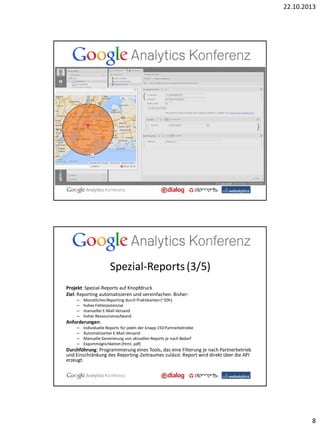22.10.2013

Spezial-Reports (3/5)
Projekt: Spezial-Reports auf Knopfdruck
Ziel: Reporting automatisieren und vereinfachen. Bisher:
–
–
–
–

Monatliches Reporting durch Praktikanten (~20h)
hohes Fehlerpotenzial
manueller E-Mail-Versand
hoher Ressourcenaufwand

Anforderungen:
–
–
–
–

Individuelle Reports für jeden der knapp 150 Partnerbetriebe
Automatisierter E-Mail-Versand
Manuelle Generierung von aktuellen Reports je nach Bedarf
Exportmöglichkeiten (html, pdf)

Durchführung: Programmierung eines Tools, das eine Filterung je nach Partnerbetrieb
und Einschränkung des Reporting-Zeitraumes zulässt. Report wird direkt über die API
erzeugt.

8

 