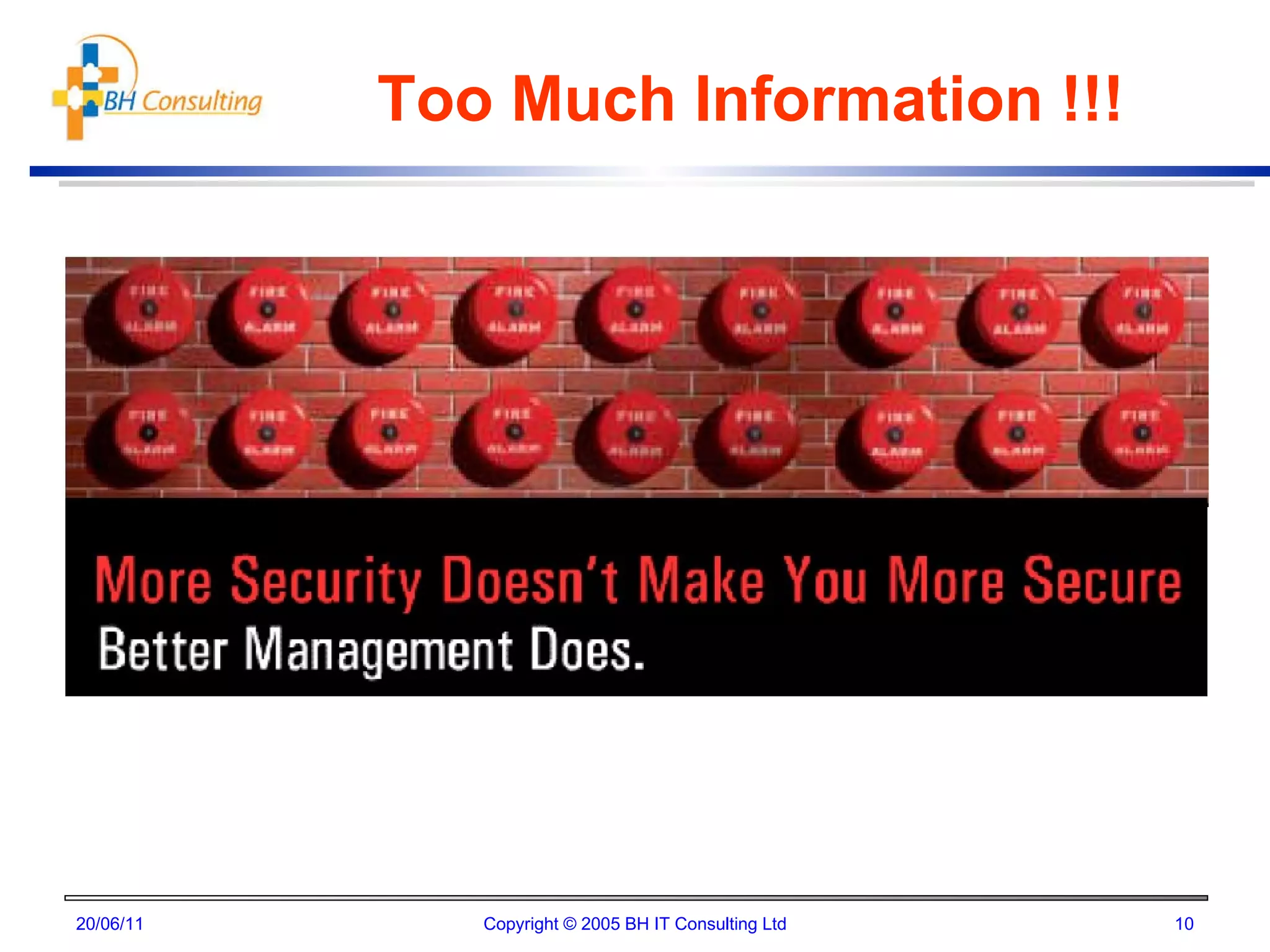 20/06/11 Copyright © 2005 BH IT Consulting Ltd Too Much Information !!! 