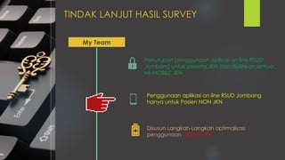 TINDAK LANJUT HASIL SURVEY
My Team
Penutupan penggunaan aplikasi on line RSUD
Jombang untuk peserta JKN dan dialihkan semua
ke MOBILE JKN
Penggunaan aplikasi on line RSUD Jombang
hanya untuk Pasien NON JKN
Disusun Langkah-Langkah optimalisasi
penggunaan Mobile JKN
 