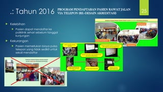 25
.: Tahun 2016
 Kelebihan
 Pasien dapat mendaftar ke
poliklinik sehari sebelum tanggal
kunjungan
 Kekurangan
 Pasien memerlukan biaya pulsa
telepon yang tidak sedikit untuk
sekali mendaftar
PROGRAM PENDAFTARAN PASIEN RAWAT JALAN
VIA TELEPON (RE–DESAIN AKREDITASI)
 