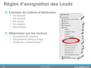 Exemple de critères d’attribution Par territoire Par industrie Par source Par produits Round-Robin Déterminer qui les recevra Directement au vendeurs Une personne attitré au triage Utilisez les «Leads Queues »  Règles d’assignation des Leads -   - www.apelletier.com  © 2009 Copyright 