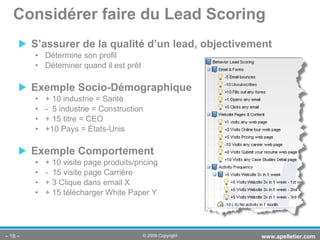 S’assurer de la qualité d’un lead, objectivement Détermine son profil Déteminer quand il est prêt Exemple Socio-Démographique + 10 industrie = Santé -  5 industrie = Construction + 15 titre = CEO +10 Pays = États-Unis Exemple Comportement + 10 visite page produits/pricing -  15 visite page Carrière + 3 Clique dans email X + 15 télécharger White Paper Y Considérer faire du Lead Scoring -   - www.apelletier.com  © 2009 Copyright 