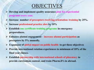 OBJECTIVES
 Develop and implement quality assurance plan for experiential
programe every year.
 Increase number of preceptors receiving orientation /training by 25%.
 Increase professional practice sites by 10%
 Establish one certificate training programe in emergency
preparedness.
 Enhance alumni engagement – increase alumni participation as
preceptors by 5% annually.
 Expansion of global impact on public health- to get these objectives
 Provide international rotation experiences to minimum of 10% of the
final year classes.
 Establish partnership with international schools of pharmacy to
provide curriculum content, and train Pharm.D’s in abroad.
 