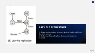 19
Only one copy created on server & server makes replication
for other servers.
 System can track all replicas & retrieve one copy as
required.
LAZY FILE REPLICATION
 