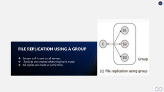 20
 System call is sent to all servers
 Replicas are created when original is made
 All copies are made at same time.
FILE REPLICATION USING A GROUP
 