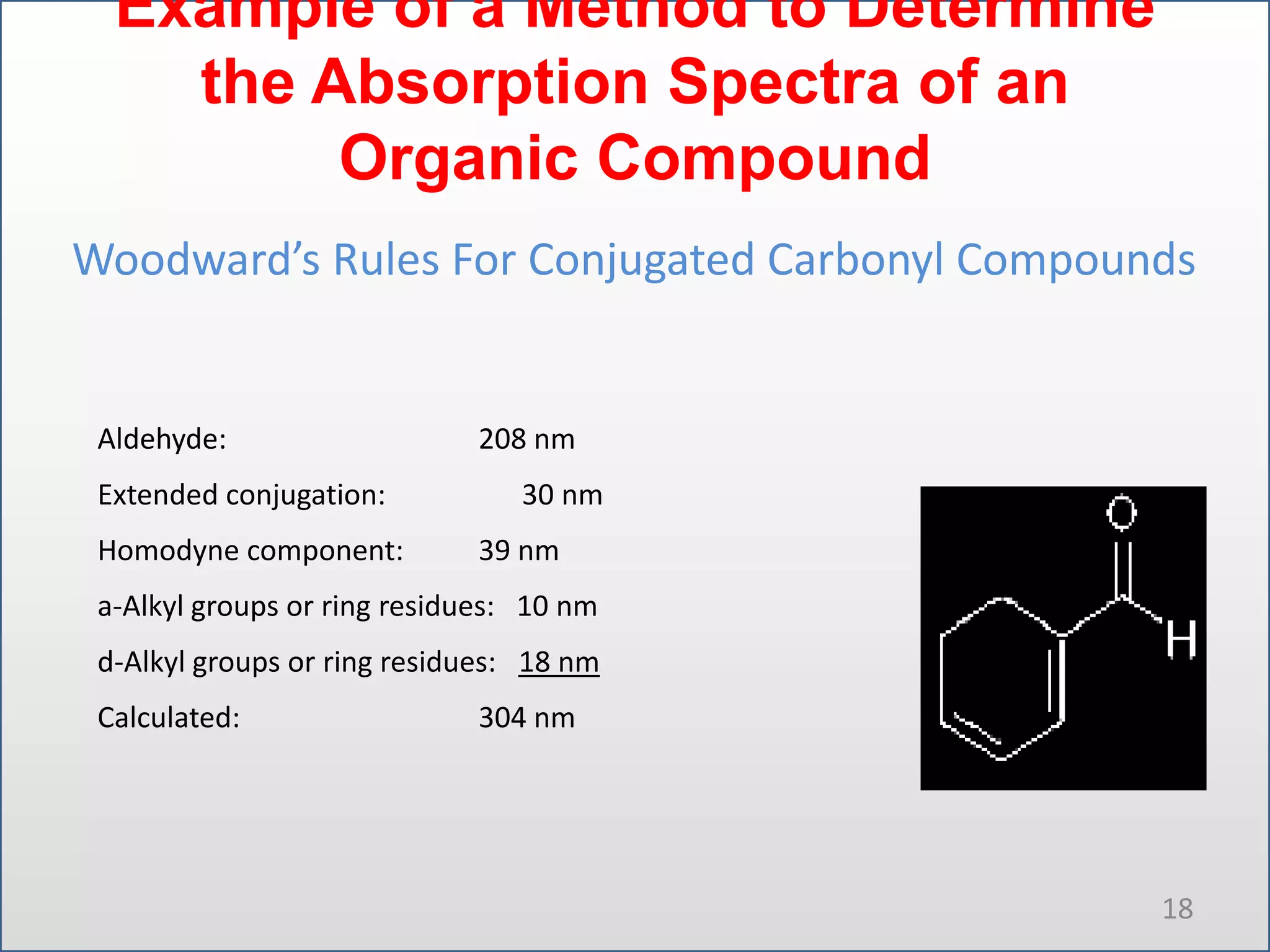 Example of a Method to Determine
the Absorption Spectra of an
Organic Compound
Woodward’s Rules For Conjugated Carbonyl Compounds

Aldehyde:
Extended conjugation:

Homodyne component:

208 nm
30 nm

39 nm

a-Alkyl groups or ring residues: 10 nm
d-Alkyl groups or ring residues: 18 nm
Calculated:

304 nm

18

 