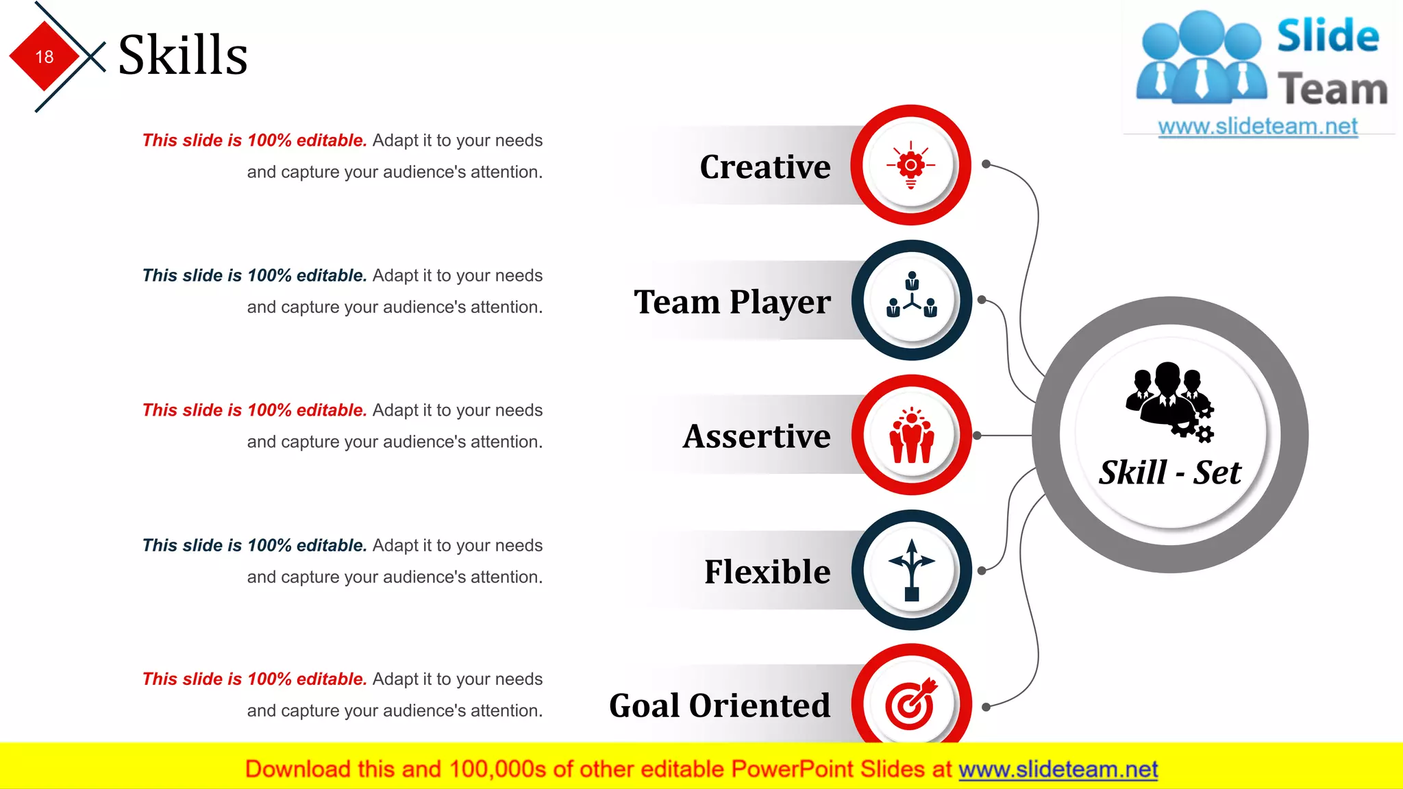 Skills
This slide is 100% editable. Adapt it to your needs
and capture your audience's attention.
This slide is 100% editable. Adapt it to your needs
and capture your audience's attention.
This slide is 100% editable. Adapt it to your needs
and capture your audience's attention.
This slide is 100% editable. Adapt it to your needs
and capture your audience's attention.
This slide is 100% editable. Adapt it to your needs
and capture your audience's attention.
Creative
Goal Oriented
Flexible
Assertive
Team Player
Skill - Set
18
 