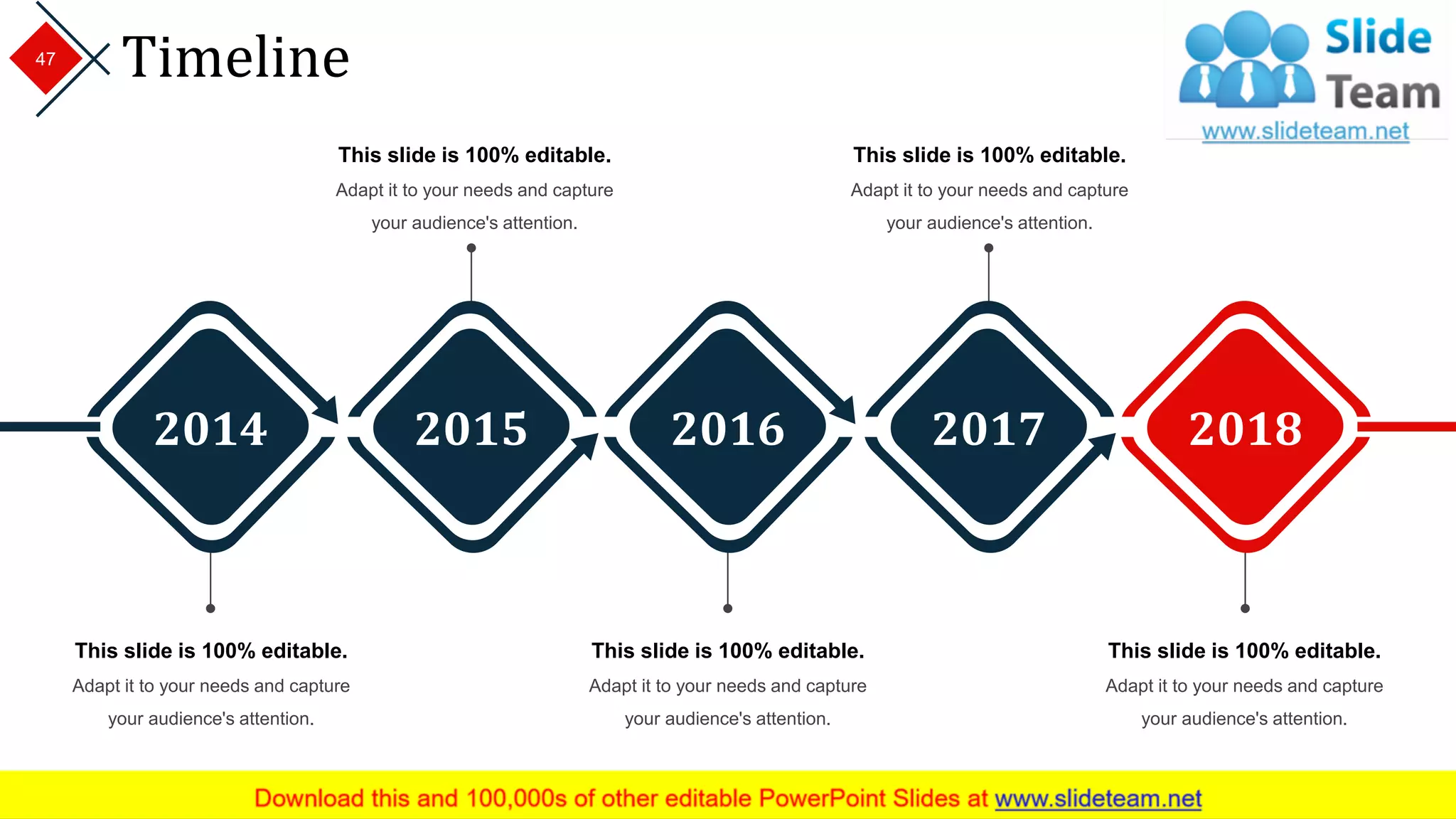 Timeline
This slide is 100% editable.
Adapt it to your needs and capture
your audience's attention.
This slide is 100% editable.
Adapt it to your needs and capture
your audience's attention.
This slide is 100% editable.
Adapt it to your needs and capture
your audience's attention.
This slide is 100% editable.
Adapt it to your needs and capture
your audience's attention.
This slide is 100% editable.
Adapt it to your needs and capture
your audience's attention.
2014 2015 2016 2017 2018
47
 
