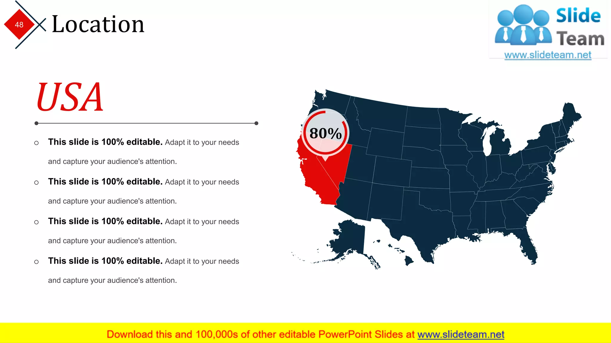 Location
o This slide is 100% editable. Adapt it to your needs
and capture your audience's attention.
o This slide is 100% editable. Adapt it to your needs
and capture your audience's attention.
o This slide is 100% editable. Adapt it to your needs
and capture your audience's attention.
o This slide is 100% editable. Adapt it to your needs
and capture your audience's attention.
USA
80%
48
 