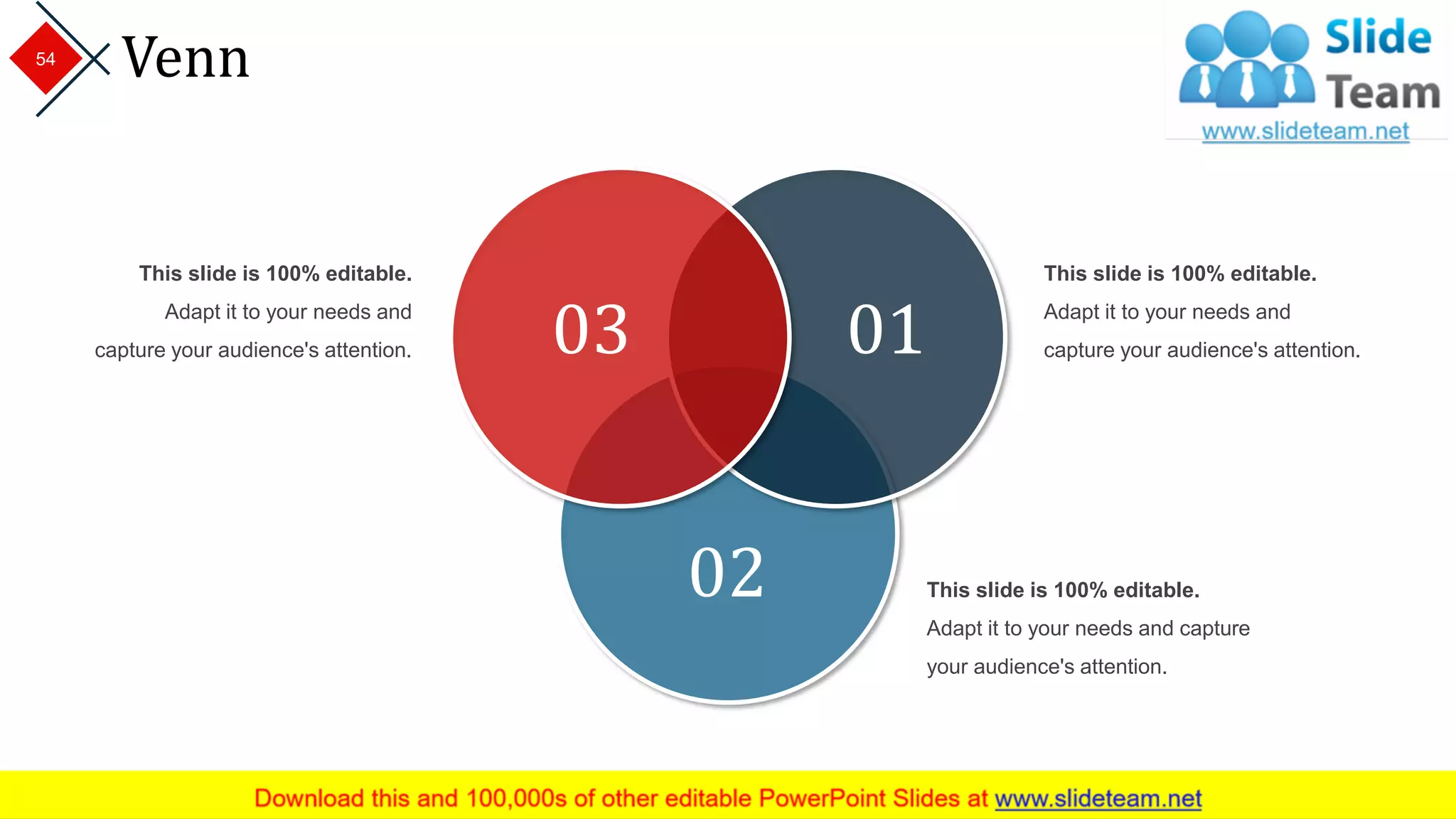 Venn
02
0103
This slide is 100% editable.
Adapt it to your needs and
capture your audience's attention.
This slide is 100% editable.
Adapt it to your needs and
capture your audience's attention.
This slide is 100% editable.
Adapt it to your needs and capture
your audience's attention.
54
 