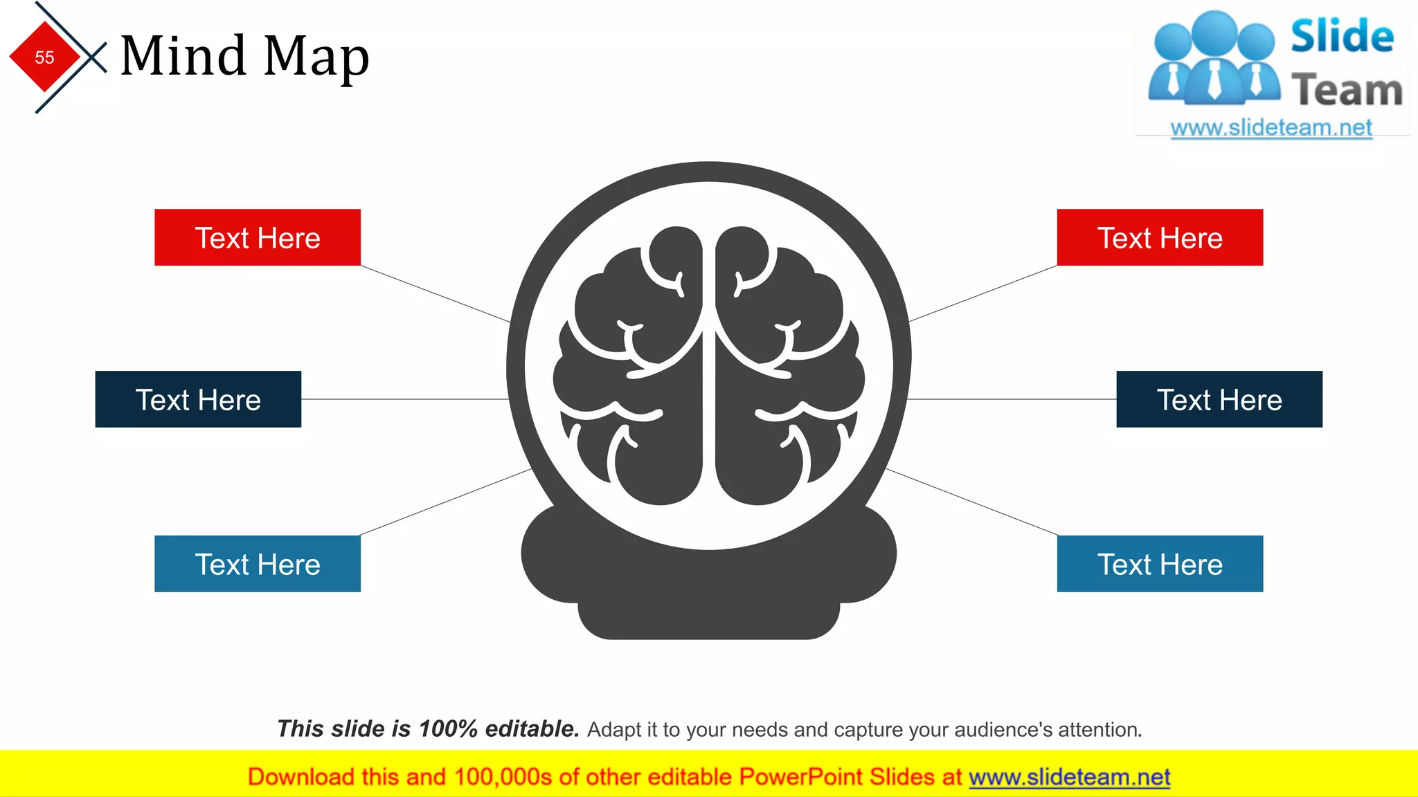 Mind Map
Text Here
Text Here
Text HereText Here
Text Here
Text Here
This slide is 100% editable. Adapt it to your needs and capture your audience's attention.
55
 