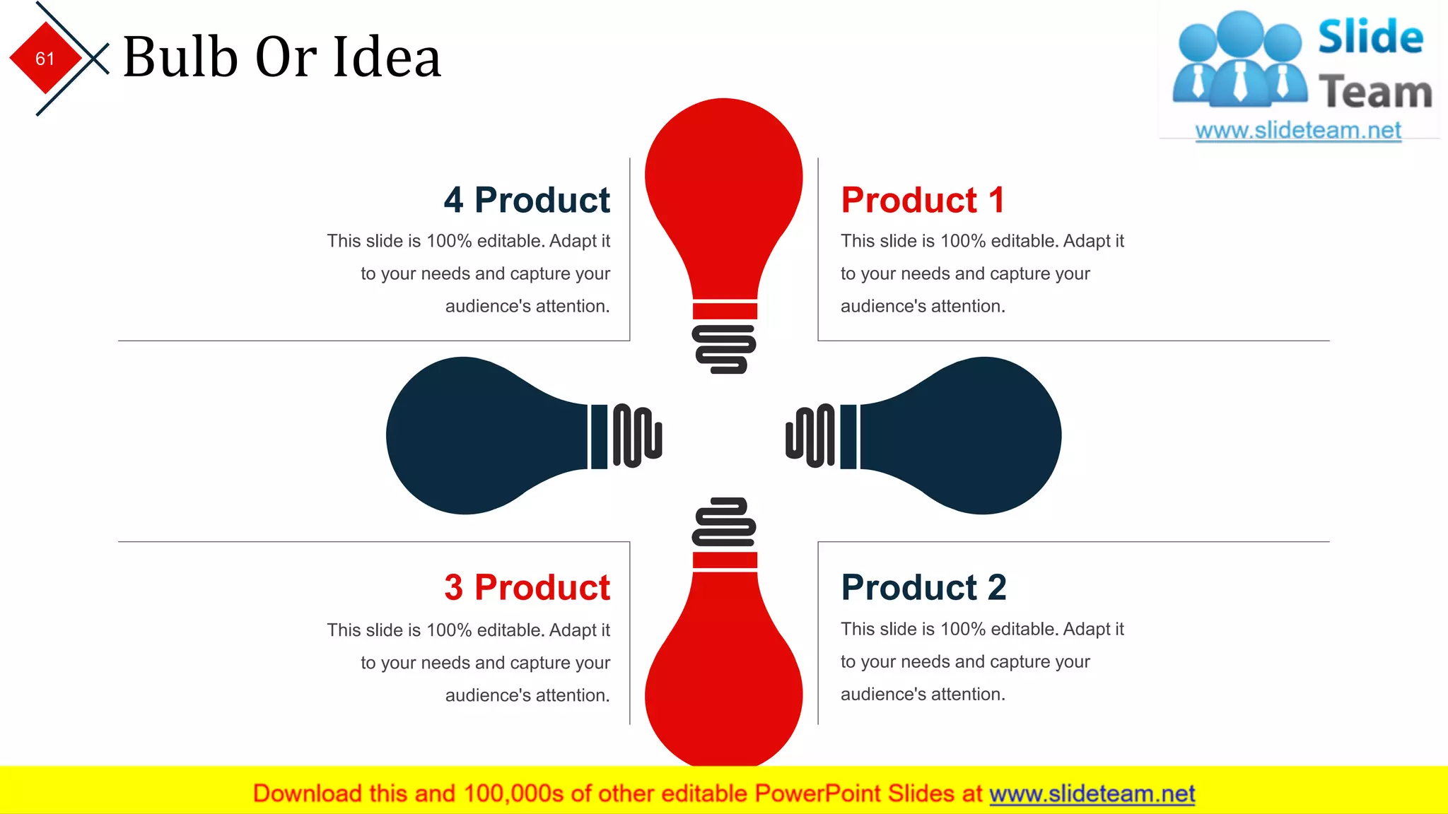 Bulb Or Idea
This slide is 100% editable. Adapt it
to your needs and capture your
audience's attention.
Product 1
This slide is 100% editable. Adapt it
to your needs and capture your
audience's attention.
Product 2
This slide is 100% editable. Adapt it
to your needs and capture your
audience's attention.
3 Product
This slide is 100% editable. Adapt it
to your needs and capture your
audience's attention.
4 Product
61
 