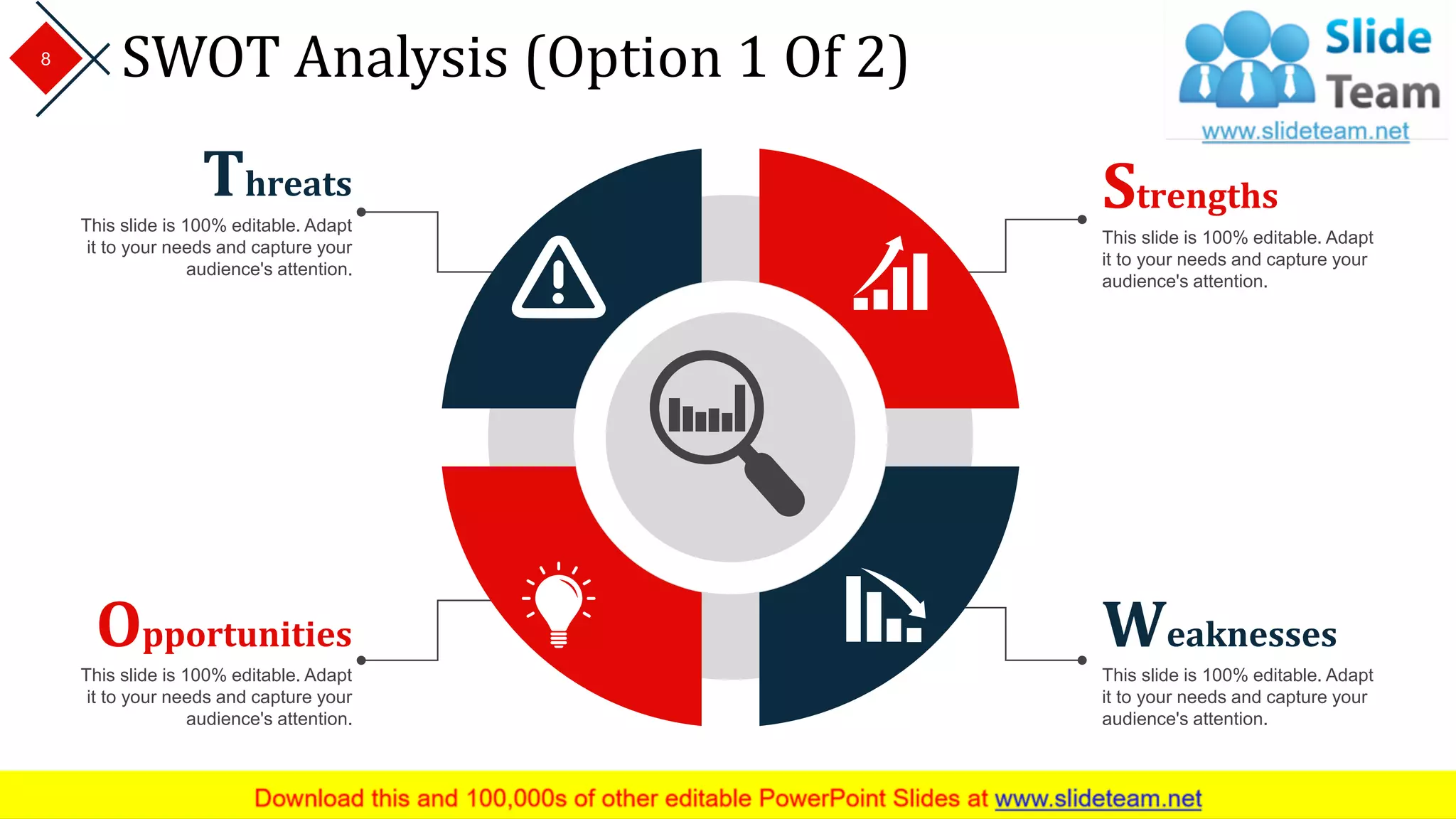 SWOT Analysis (Option 1 Of 2)
Threats
This slide is 100% editable. Adapt
it to your needs and capture your
audience's attention.
Strengths
This slide is 100% editable. Adapt
it to your needs and capture your
audience's attention.
Weaknesses
This slide is 100% editable. Adapt
it to your needs and capture your
audience's attention.
Opportunities
This slide is 100% editable. Adapt
it to your needs and capture your
audience's attention.
8
 
