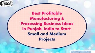 www.entrepreneurindia.co
Best Profitable
Manufacturing &
Processing Business Ideas
in Punjab, India to Start.
Small and Medium
Projects
 