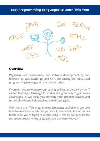 Regarding web development and software development, Python,
followed by Java, JavaScript, and C++, are among the most used
programming languages on the market today.
If you're trying to increase your coding abilities or embark on an IT
career, learning a language for coding is a great way to gain many
advantages. It will help you develop your problem-solving and
technical skills and help you land a well-paying job.
With more than 700 programming languages available, it can take
time to determine which one you should study first. As it all comes
to the idea, you're trying to create using it, this list will provide the
top seven programming languages you can learn this year.
Best Programming Languages to Learn This Year
Overview
 