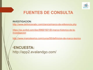 FUENTES DE CONSULTA
INVESTIGACION:
http://www.definicionabc.com/ciencia/marco-de-referencia.php
https://es.scribd.com/doc/99661921/El-marco-historico-de-la-
investigacion
http://www.marcoteorico.com/curso/50/definicion-de-marco-teorico
*ENCUESTA:
http://app2.evalandgo.com/
 