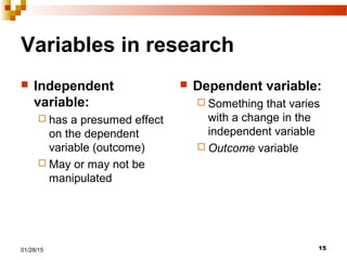 1501/28/15
Variables in research
 Independent
variable:
 has a presumed effect
on the dependent
variable (outcome)
 May or may not be
manipulated
 Dependent variable:
 Something that varies
with a change in the
independent variable
 Outcome variable
 