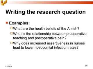 2501/28/15
Writing the research question
 Examples:
What are the health beliefs of the Amish?
What is the relationship between preoperative
teaching and postoperative pain?
Why does increased assertiveness in nurses
lead to lower nosocomial infection rates?
 