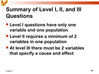 3701/28/15
Summary of Level I, II, and III
Questions
 Level I questions have only one
variable and one population
 Level II requires a minimum of 2
variables in one population
 At level III there must be 2 variables
that specify a cause and effect
 
