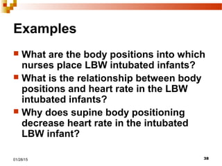 3801/28/15
Examples
 What are the body positions into which
nurses place LBW intubated infants?
 What is the relationship between body
positions and heart rate in the LBW
intubated infants?
 Why does supine body positioning
decrease heart rate in the intubated
LBW infant?
 