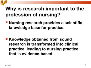 401/28/15
Why is research important to the
profession of nursing?
 Nursing research provides a scientific
knowledge base for practice.
 Knowledge obtained from sound
research is transformed into clinical
practice, leading to nursing practice
that is evidence-based.
 